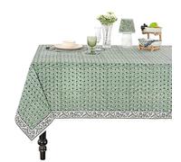 Ridhi - Basil Green, Peacock Blue Hand Block Print Cotton Cloth Dinning Table Cover Wedding Farmhouse Thanks Giving Christmas Spring Tablecloth (14 Seater 72X160 Inch Rectangle)