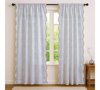 Ridhi Blue Stripe Set of 2 Floral Cotton Scallop Curtains 84-Inch Pocket for The Rod Semi-Sheer Drapes for Living Room & Bedroom, Floral Patterned Farmhouse Boho French Country Window Panels