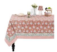 Ridhi Dark Salmon Pink Hand Block Print Cotton Rectangle Tablecloth 108" x 70" inches Reusable Table Cover Decorative Everyday Use for Dining Room, Farmhouse, Home Gift for Spring, Mother's Day