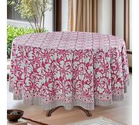 Ridhi -Deep Pruce Red Cotton Tablecloth, Handblock Print Floral Round Table Cloth for Kitchen Dining Linen I Thanksgiving, Christmas, Wedding, Fall Décor 8 Seater 110 Inch Round