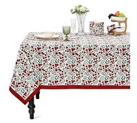Ridhi Garnet Red and Emerald Green Indian Floral Hand Block Printed Cotton Cloth Tablecloth, Table Cover, Farmhouse Thanksgiving Christmas 4 Seater 60x60 Inches Square