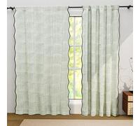 Ridhi Green Stripe Floral Cotton Scallop Curtains 1 pcs 84-Inch Pocket for The Rod Semi-Sheer Drapes for Living Room & Bedroom, Floral Patterned Farmhouse Boho French Country Window Panels