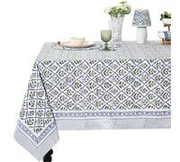 Ridhi Light Steel Blue Hand Block Print Cotton Rectangle Tablecloth 90 x 60 inch-Reusable Table Cover Decorative Everyday Use for Dining Room, Farmhouse, Thanksgiving, Christmas Wedding, Fall