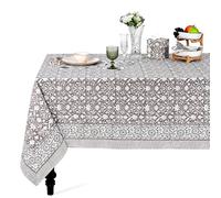 Ridhi Taupe and Off White Indian Hand Block Floral Printed Pure Cotton Cloth Tablecloth, Farmhouse Housewarming Wedding Restaurant Party Home Fall 4 Seater 60x60 Inches Square