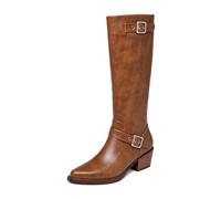 Riding Boots Genuine Cow Leather Brown Boots Knee High Boots | Natural soft grain, refined pointed toe,5cm slim stiletto heel, tidy vertical stitching, suitable for formal events party