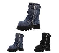 Riding Boots, Trekking Shoes, Large Sizes, Slip-On Boots, Cowboy Boots with Side Zip, Winter Boots, Round Toe, Half Boots with Chunky Heel, Short Shaft Boots with Buckles, blue, 7 UK