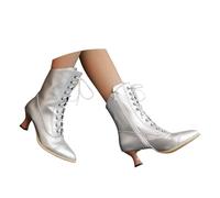 Riding Boots Women's Pointed Toe and Wine Glass Heel, Fashionable Lace-Up Leather Boots in Solid Colour to the Mid-Calf Cowboy Boots Women, silver, 8.5 UK