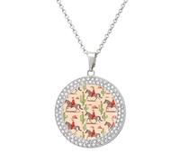 Riding Horse in Wild Tropical Cactus Multicolored Diamond Necklace Dainty Round Pendants Jewelry for Women Silver-style