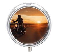 Riding Into The Sunset Round Pill Box Travel Portable Pill Case 23 Compartment Medicine Metal Tablet Vitamin Holder Organizer for Purse Pocket