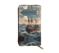 Riding the Waves Printed leather wallet, 7.5 x 4.1-inch long credit card holder, portable travel cash wallet