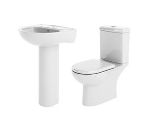 Ridley Ceramic Bathroom Bundle - Compact Toilet Pan + Cistern & Soft Close Seat 560mm 1 Tap Hole Basin & Full Pedestal - Balterley