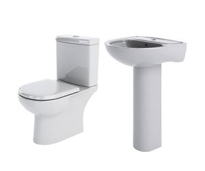 Ridley Ceramic Bundle - Close Coupled Toilet Pan & Cistern Soft Close Seat, 560mm 1 Tap Hole Basin & Full Pedestal Set - Balterley