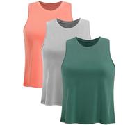 Ridshy Crop Tops for Women Workout Athletic Tank Tops Flowy Cropped Tank Tops Yoga Sleeveless Muscle Shirts 3 Pack, Army Green/Gray/Coral Red, S