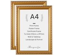 Rieeyrslza A4 Baroque Picture Frame, Pack of 2, Vintage Photo Frame, 21 x 29.7 cm, Picture Frame, Wall & Table Frame, Decorative Photo Frame with Holder, Suitable for Vintage Decorations (Gold, Pack
