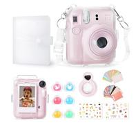 Rieibi Accessories for Fujifilm Instax Mini 12, Gift Bundle Includes Clear Instax Mini 12 Case with Strap, Mini Photo Album, Selfie Mirror, DIY Stickers, Color Filter (No Camera) - Pink