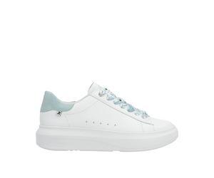 Rieker W1201 funky white leather sneakers with pale blue scarf ribbon laces