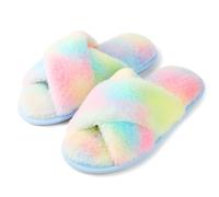 riemot Slippers Women Fluffy Slipper Memory Foam Cross Band Furry Open Toe Ladies Sliders Soft Fur Warm Slip Plush Home Anti-Slide House Shoes for Girls Indoor Outdoor, Rainbow, UK 5-6