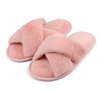 riemot Slippers Women Fluffy Slipper Memory Foam Cross Band Furry Open Toe Ladies Slippers Soft Fur Warm Slipper Plush Home Anti-Slide House Shoes for Girls Indoor Outdoor,Pink,UK 3-4