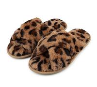 riemot Slippers Women Fluffy Slipper Memory Foam Cross Band Furry Open Toe Ladies Slippers Soft Fur Warm Slipper Plush Home Anti-Slide House Shoes for Girls Indoor Outdoor,Leopard,UK 5-6