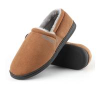 riemot Men's Cozy Memory Foam Slippers with Fleece Lining, Anti-Slip Indoor Outdoor Rubber Sole with Dual Side Elastic Bandage Brown 44EU