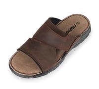 riemot Men's Leather Slide Sandals Open Toe Slip On Sandals for Men Brown Casual Summer Sandal Cushioned Comfortable Padded Strap Indoor Outdoor Garden Holiday Shoes UK 7