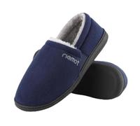 riemot Men's Suede Moccasin Slippers, Cozy Memory Foam House Shoes with Anti Skid Rubber Sole, Warm Faux Sherpa House Shoes with Dual Side Elastic Gores Navy 43EU