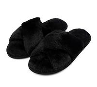 riemot Slippers Women Fluffy Slipper Memory Foam Cross Band Furry Open Toe Ladies Slippers Soft Fur Warm Slipper Plush Home Anti-Slide House Shoes for Girls Indoor Outdoor,Black,UK 3-4