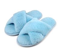 riemot Slippers Women Fluffy Slipper Memory Foam Cross Band Furry Open Toe Ladies Sliders Soft Fur Warm Slip Plush Home Anti-Slide House Shoes for Girls Indoor Outdoor, Blue, UK 5-6