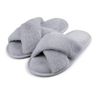 riemot Slippers Women Fluffy Slipper Memory Foam Cross Band Furry Open Toe Ladies Slippers Soft Fur Warm Slipper Plush Home Anti-Slide House Shoes for Girls Indoor Outdoor,Grey,UK 3-4