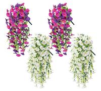 Rieoany 4 Pack Artificial Flowers - 75cm Hanging White & Purple-Red Morning Glory Vines | UV-Resistant Outdoor Flower Decorations with Detachable Blooms