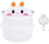 Rieoany Bath Toy Storage Net with Scoop, Cute Rabbit Design Baby Bath Organizer, Suction Cup Hanging Net for Bathtub Toys, White Bathroom Organization Set
