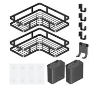 Rieoany Black Corner Shower Caddy 2-Pack, Shower Corner Shelves, No-Drill Adhesive, 26 cm, Max Load 10 kg Rust-Proof Iron Rack for Tile/Glass/Marble, Includes Hooks & Holders