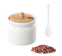 Rieoany Ceramic Sugar Bowl with Lid 180ml, Bamboo Cover Sugar Container with Spoon, White Ceramic Canister for Tea Coffee Salt Storage