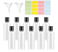 rietegio 10PCS 100ml Plastic Bottles Clear Mini Travel Containers with 2 Funnels and Colorful Labels Squeezable Refillable Travel Bottles for Toiletries Shampoo Lotions Cosmetics