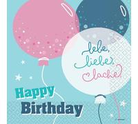 Riethmüller Serviettes Happy Birthday - lebe, Liebe, Lache 33 cm x 33 cm, Pack of 16 - Large Paper Napkins with Saying for Birthday - Table Decoration