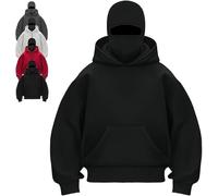 Rietoiu Balaclava Hoodie with Face Mask Built In,Fashion Double Hooded Ski Mask Hoodies,Masked Hoodies Men Zip Jacket,Athletic Workout Sweatshirt Travel Hoodie Jacket (Black-pullover, L)