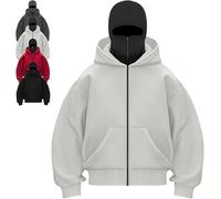 Rietoiu Balaclava Hoodie with Face Mask Built In,Fashion Double Hooded Ski Mask Hoodies,Masked Hoodies Men Zip Jacket,Athletic Workout Sweatshirt Travel Hoodie Jacket (Light Gray A-zipper, 3XL)