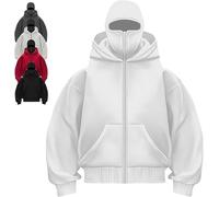 Rietoiu Balaclava Hoodie with Face Mask Built In,Fashion Double Hooded Ski Mask Hoodies,Masked Hoodies Men Zip Jacket,Athletic Workout Sweatshirt Travel Hoodie Jacket (White-zipper, M)