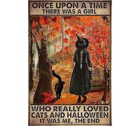 RIFOSA 12"x16" Funny Halloween Decor Once Upon A Time There Was A Girl Who Loved Cats And Halloween Metal Tin Sign Black Cat Witch Wall Art Autumn Leaves Metal Poster