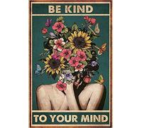 RIFOSA 12"X8" Metal Tin Retro Sign Be Kind To Your Mind Metal Poster Flower Head Wall Poster Plaque For Home Bar Coffee Shop Decor