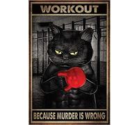 RIFOSA 6"x8" Metal Tin Sign Workout Because Murder Is Wrong Metal Poster Black Cat Funny Kitty Wall Home Decor Poster