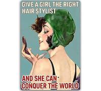RIFOSA 6"x8" Vintage Wall Decor Tin Sign Gime A Girl The Right Hair Stylist And She Can Conquer The World Barber Shop Hair Salon Art Metal Decor