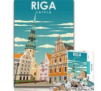 Riga Latvia Travel Poster 1000 Piece Jigsaw Puzzles for Adults,Learning Educational Toys Family Games with Matching Poster And Trivia Sheet 38x26cm