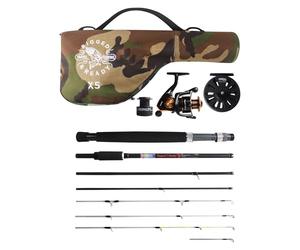 Rigged and Ready X5 Travel Fishing Combination. Super Compact Spin/Fly Travel Rod, 1 spin+1 fly reel+case. 1 rod 5 fishing options. 2.2m (7’ 2”)+1.9m (6'3") lengths. Multi-function fishing rod.