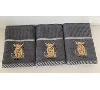 Riggs 100% Cotton 3 Pack Angus the Highland Cow Design Kitchen Hand Tea Towels in Grey