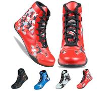 Right Punch Men's Boxing & Wrestling Shoes - Premium Leather, Ankle Support, Non-Slip Grip (Black Camo, Blue Camo, Red Camo), Camo Red, 8 UK