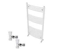 Right Radiators 1200X600mm White Curved Heated Towel Rail Radiator With Chrome Angled Lockshield Valves
