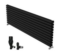 Right Radiators 1800X590mm Horizontal Vertical Oval Column Designer Radiator Double Panel Black+Angled Trv & Lockshield Valve