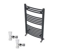Right Radiators 800X500mm Anthracite Curved Heated Towel Rail Radiator With Chrome Angled Lockshield Valves