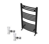Right Radiators 800X500mm Black Curved Heated Towel Rail Radiator With Chrome Angled Lockshield Valves